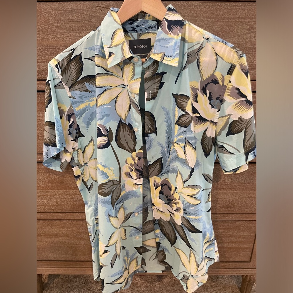 BONOBOS Short Sleeve Button-Up Shirt Slim Fit Blue Hawaiian Large